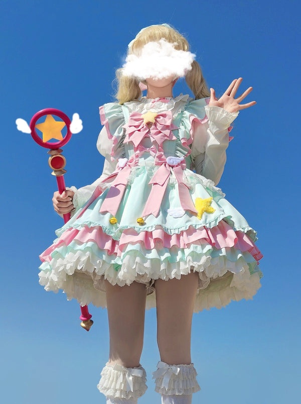 スイートフリルトップス+ポップスイートジャンパースカート+バックリボン+ハット