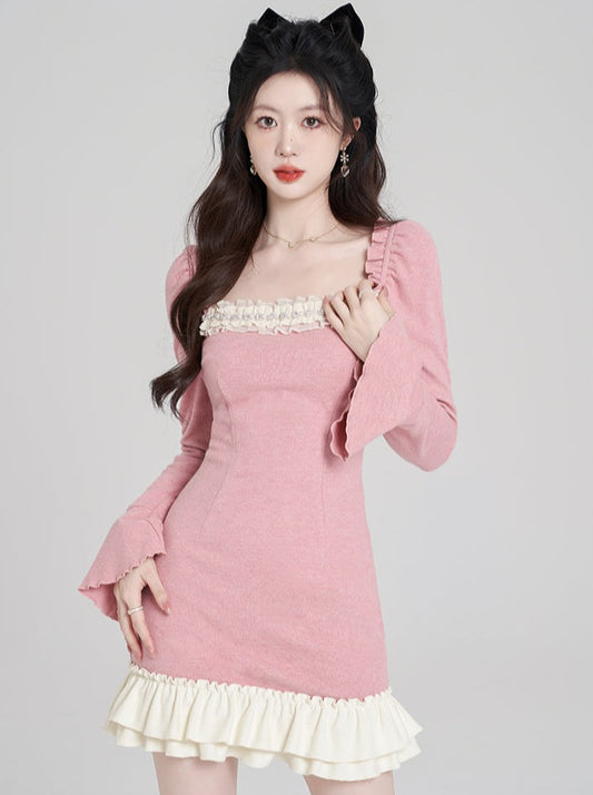 スイートピンクフリルオープンネックワンピース
