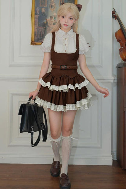 Retro Shirt + Frill Skirt + Belt + Tie