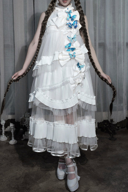 [Pre-order Deadline: October 14] Black/White Gothic Lolita Blue Butterfly Bow Tulle Ruffle Layered Halter Dress