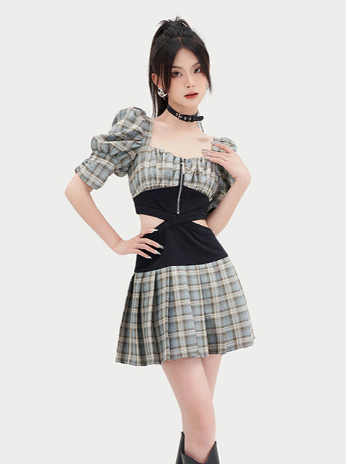 Cool Spicy Square Neck Split Check Dress