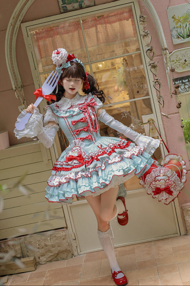 [Pre-order Deadline: September 27] Twin Tiered Lolita Dot Ribbon Striped Dress + Flower Bud Skirt Dress
