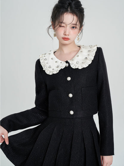 Diamond Fragrance Style Black Short Jacket + Pleated Skirt