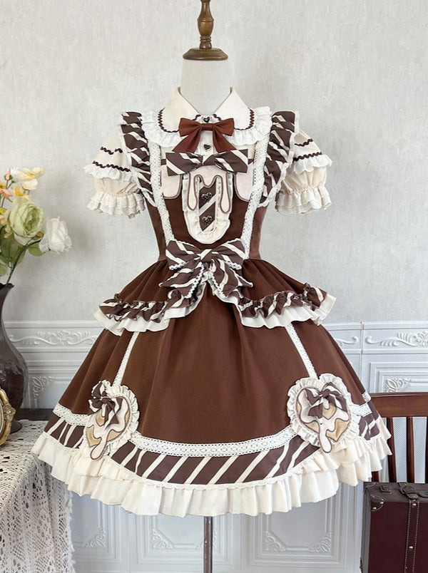 Sweet Chocolate Lolita Skirt + Ruffle Blouse + Lace Short Arm Warmers + Ribbon Catsuit