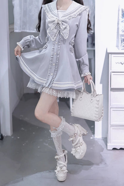 [Pre-order Deadline: September 29] Blue Sailor Collar Frill Lace Trim Dress + Shorts + Cross Charm Jewel Bow Tie Set
