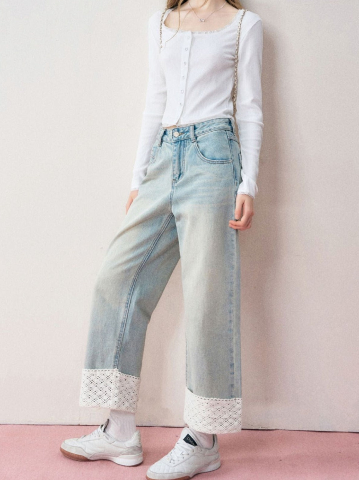 Lace Roll-up Girly Wide Denim Pants