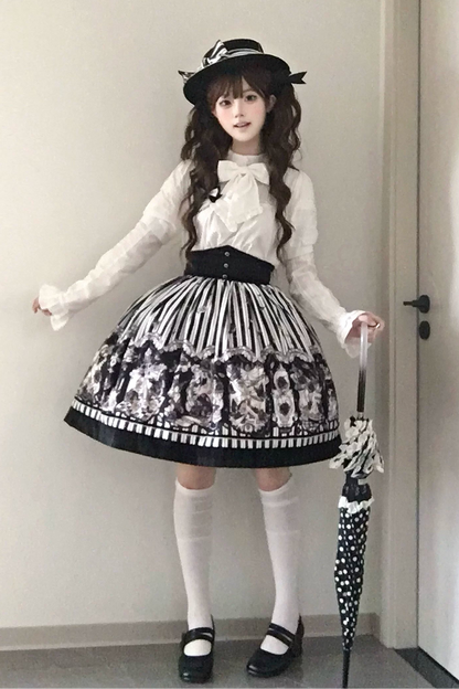 【10月3日予約締切】Black/White Elegant Gothic Series Accessories(Black Butterfly Print Striped Ribbon Hat, Black Rose Ribbon Brooch, Ribbon KC, Hair Clip Pair, Bonnet)