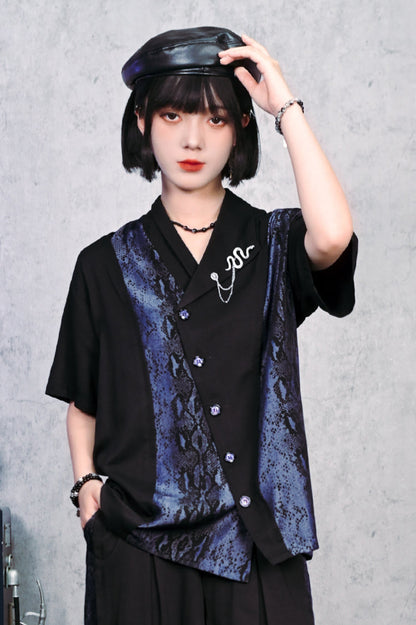 アシンメトリーカラーチャイナスネークプリントシャツ