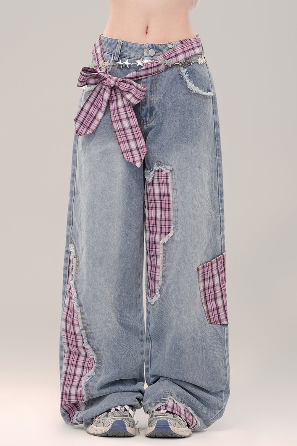 Patchwork check Wide leg jeans