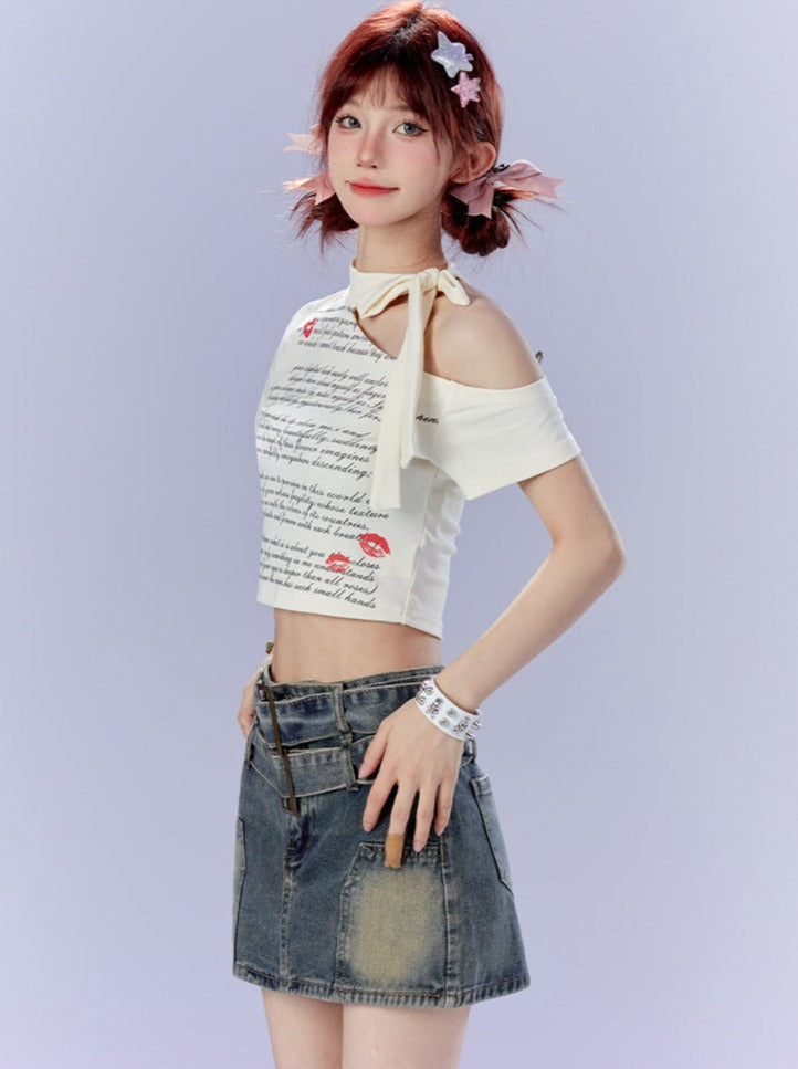 One Shoulder Ribbon Letter Short Top