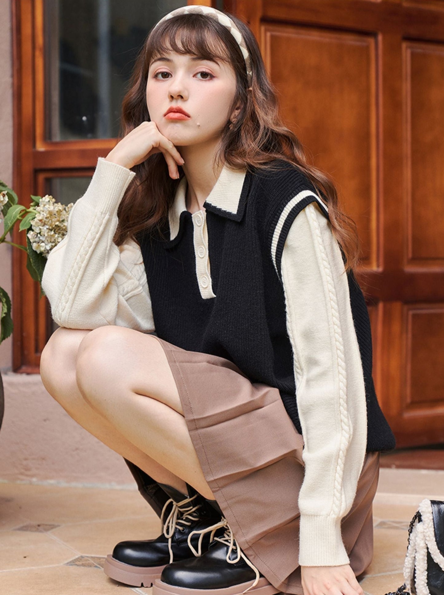 Polo collar faux two-piece knit sweater