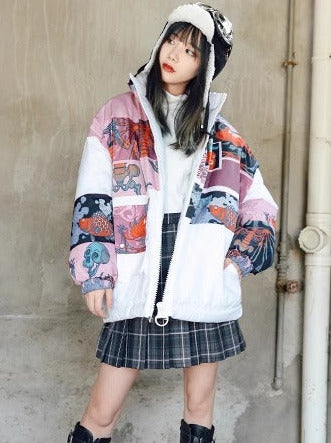 Dark Printed Stand Collar Cotton Down Jacket