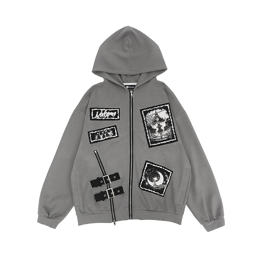 Bee Stitch Print Patchwork Zipper Loose Hoodie