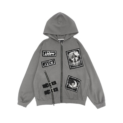 Bee Stitch Print Patchwork Zipper Loose Hoodie