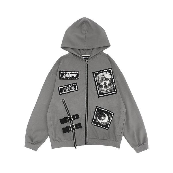 Bee Stitch Print Patchwork Zipper Loose Hoodie