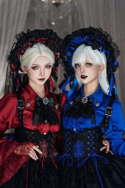 Black Mist Banquet Gothic Cross Rose Bonnet + Veil + Brooch