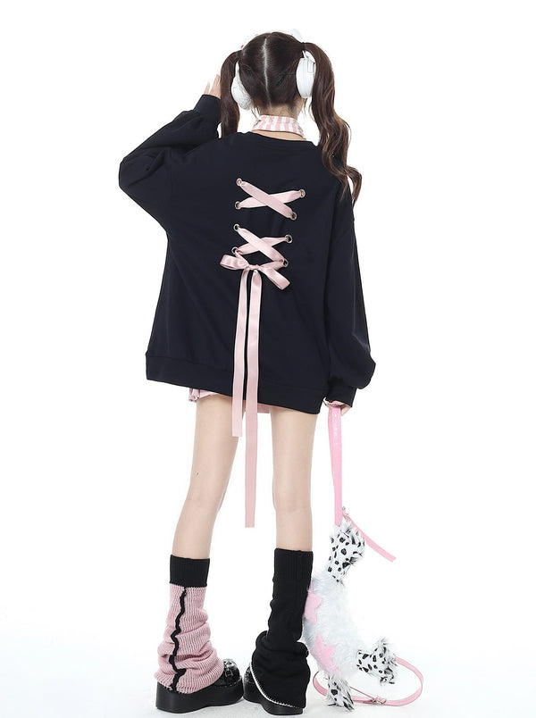 Back racing up ribbon oversized sweatshirt