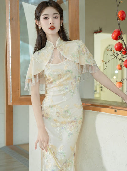 Retro Elegant Dress + Flower Shawl