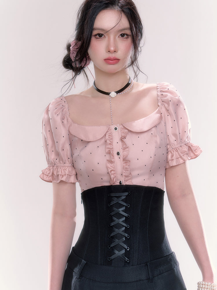 Ruffle Sweet Dot Puff Sleeve Top + Lace-Up High Waist Skirt