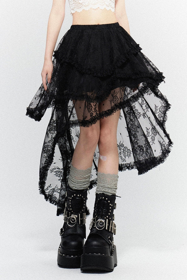 Sheer Asymmetrical Design Lace Skirt