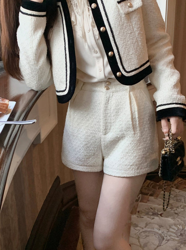 Chic French Gar Lee Teueed Jacket + Slit Tweed Skirt + Tweed Short Pants