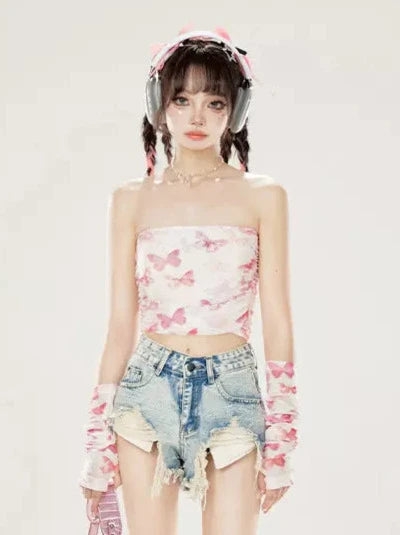 11SH97 Summer Hottie Wrap Breast Slim Design Butterfly Print Mesh Bandeau Top Worn Outside + With Sleeve Cover