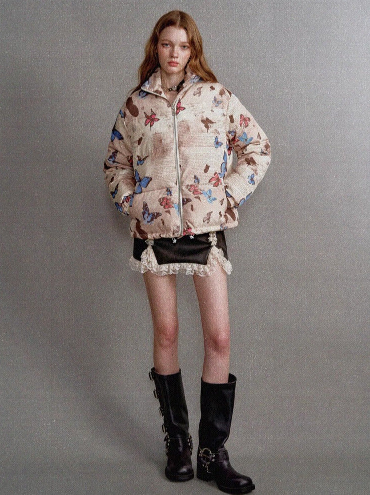 Butterfly Print Short White Duck Down Jacket