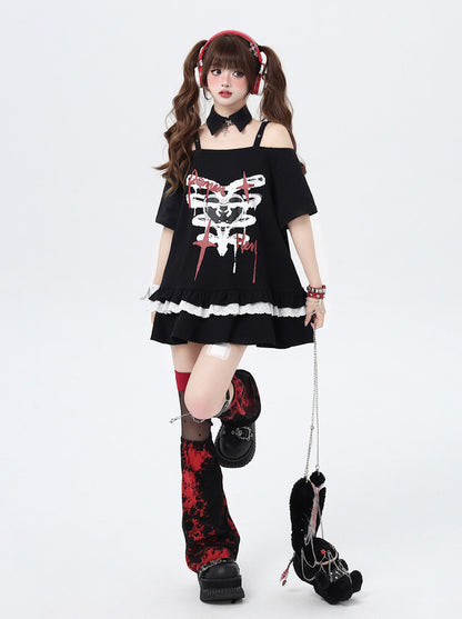 95 % de réduction] Bone love mark Original Japanese subculture off-the-shoulder lace mid-length T-shirt avec faux col