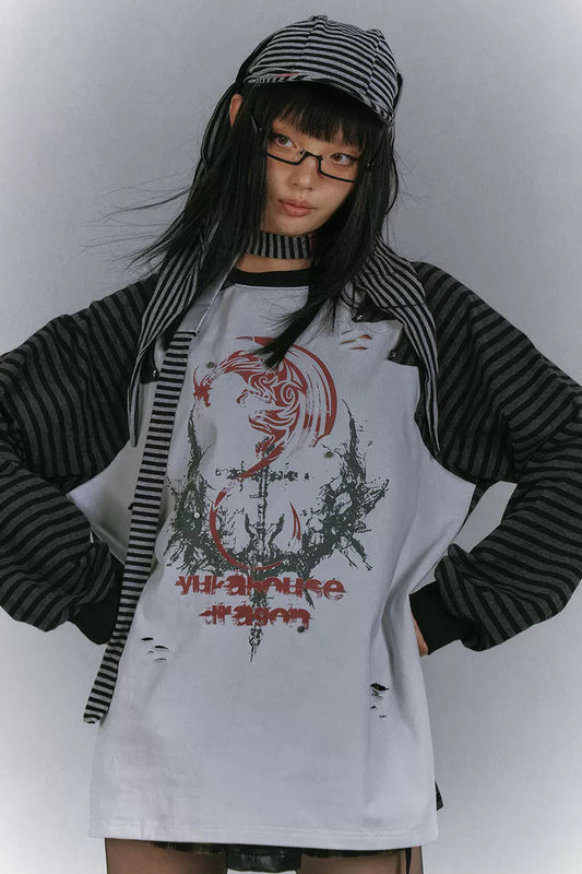 バイカラーラグランルーズトップス