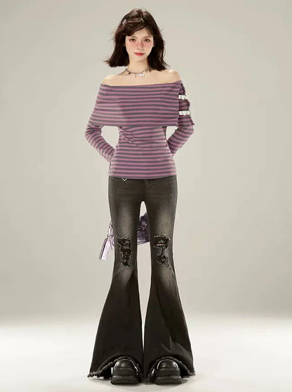 Purple Stripe Off-the-shoulder Long T