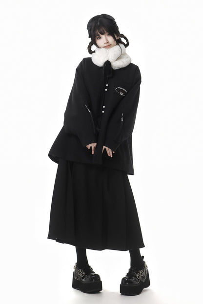 Pinsafik [Tachikawa] red and black temperament New Year's suspender skirt wool collar jacket looks thin New Year's Eve 