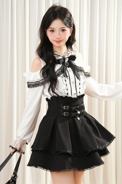 レースリボンオフショルダートップス+スカート