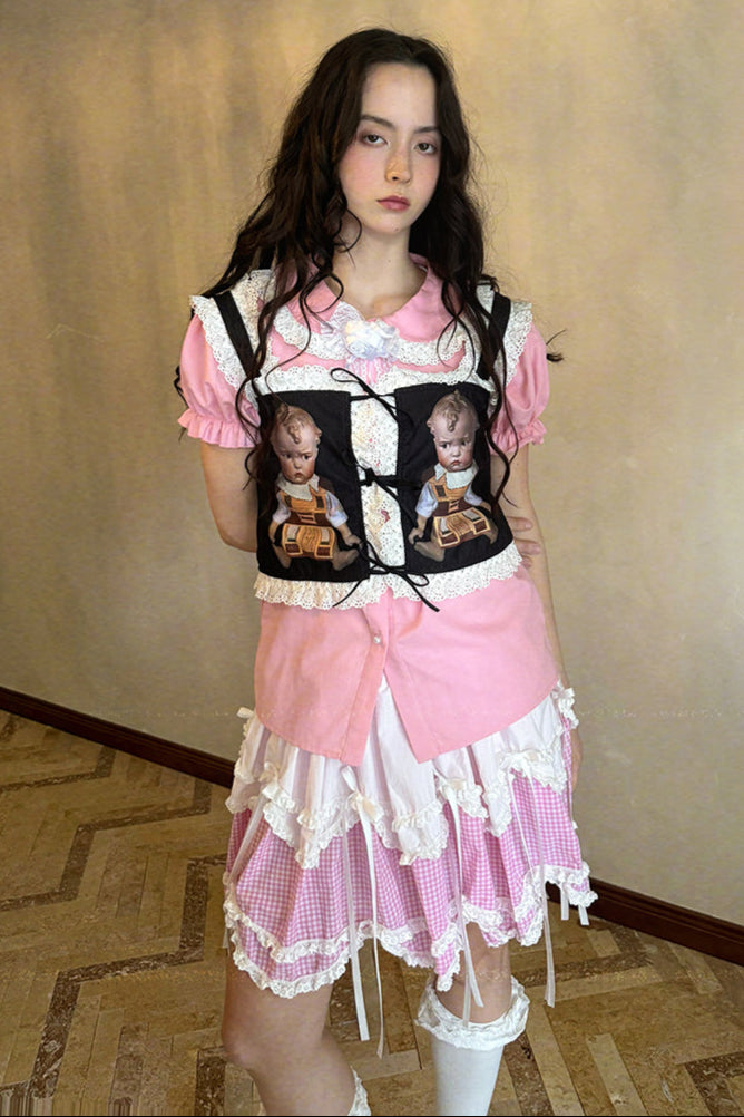 Camisa de algodón con mangas abullonadas de muñeca de cuento de hadas
