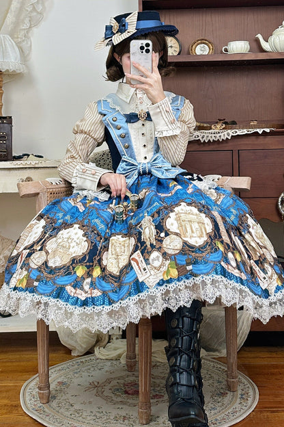 [Reservation Deadline: November 6] Navy Blue/Brown Classic Italian Travel Diary Lolita Vintage Print Bow Bustier JSK Dress with Metal Buttons & Lace Detail