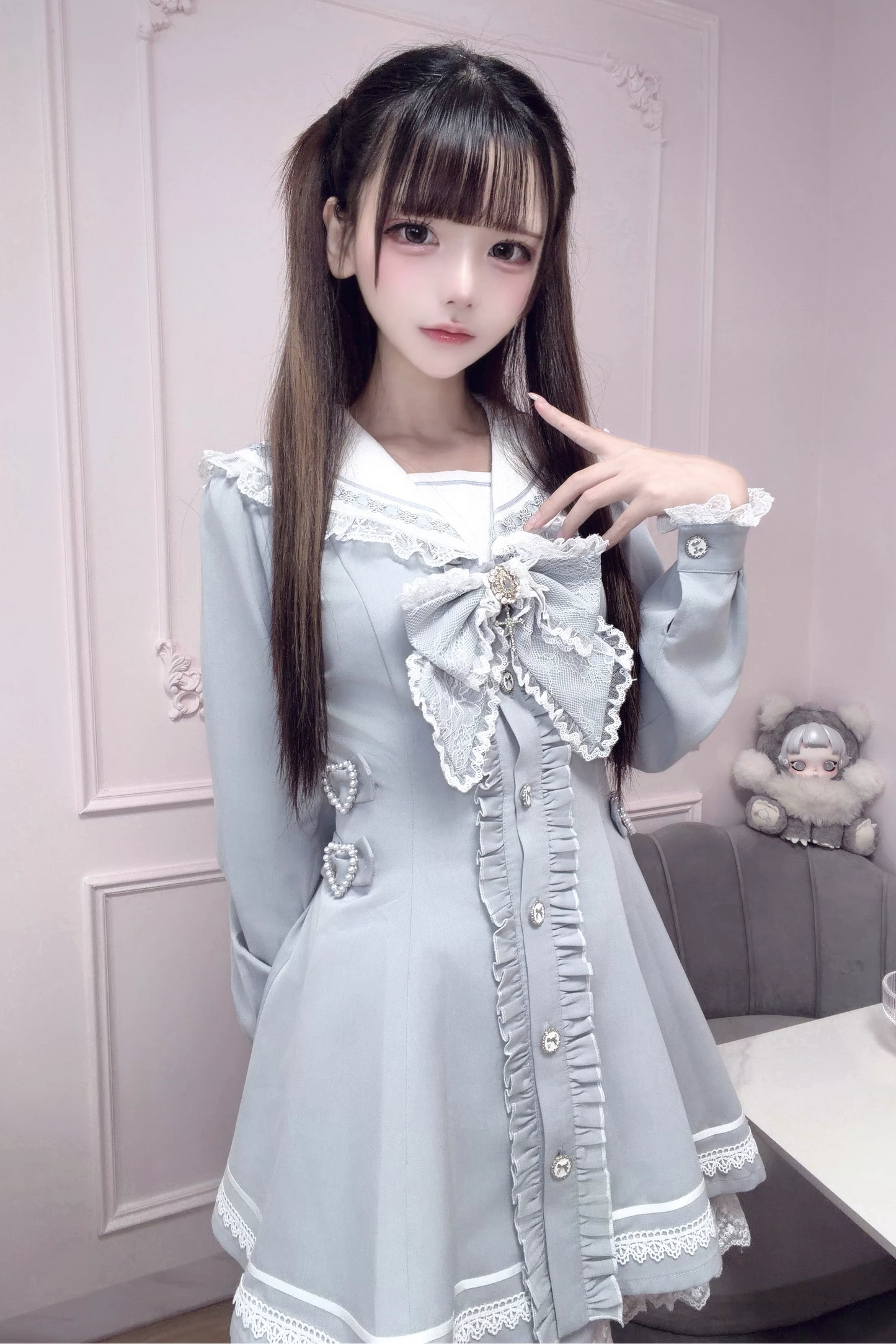 [Pre-order Deadline: September 29] Blue Sailor Collar Frill Lace Trim Dress + Shorts + Cross Charm Jewel Bow Tie Set