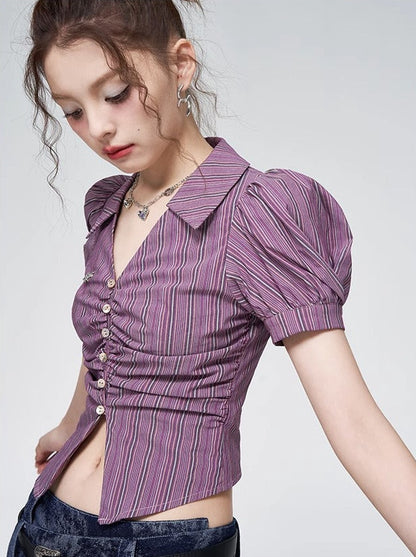 Violet striped puff sleeve short pleated shirt