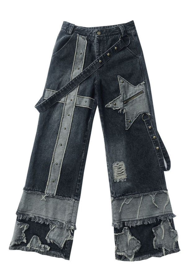 ローライズワイドレッグウォッシュデニムパンツ