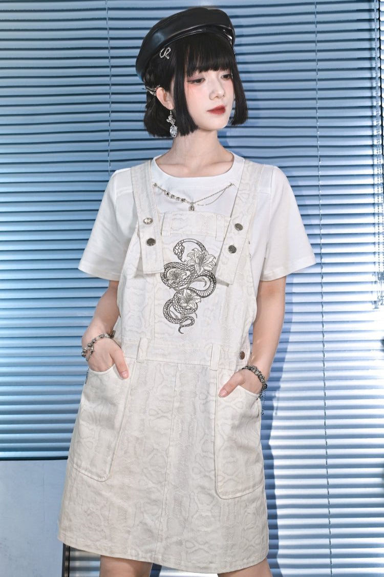 チャイナデザインチェーンホワイトプリントTシャツ