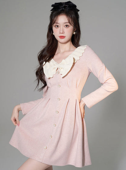 White Ribbon V-Neck Pink High-End Slim Waist Dress