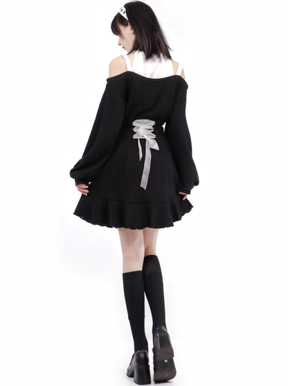 Cross Gothic Black Knitted Top Skirt + Black White Off Shoulder Dress Set Up