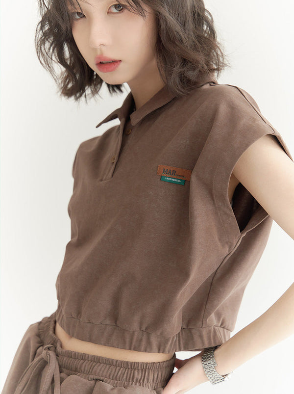 Polo Collar Sleeveless Short T-Shirt Loose Top