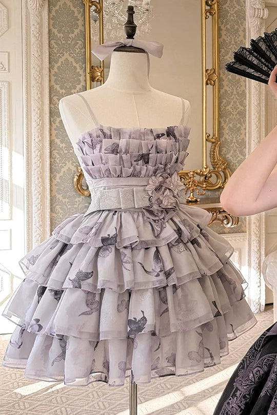 [Scadenza prenotazione 98] Mini abito dolce Lolita a balze con ricamo di gigli, fiocco e farfalla Black x Purple / White x Purple