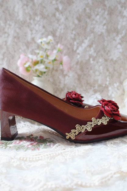 レトロスクエアトゥフレンチレザーステッチフラットヒール