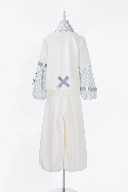 デジタルチェックトップス+ワイドパンツ+ベルト+ネクタイ