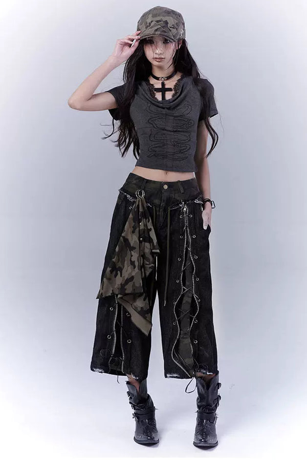 カモフラージュディストレストクロップドパンツ+スカーフ