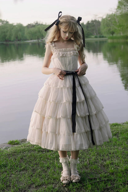 [Pre-order Deadline: July 31] Romantic Sweet Lolita Square-Neck Tiered JKS Ribbon Dress