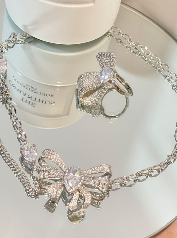 Silver necklace + ribbon ring