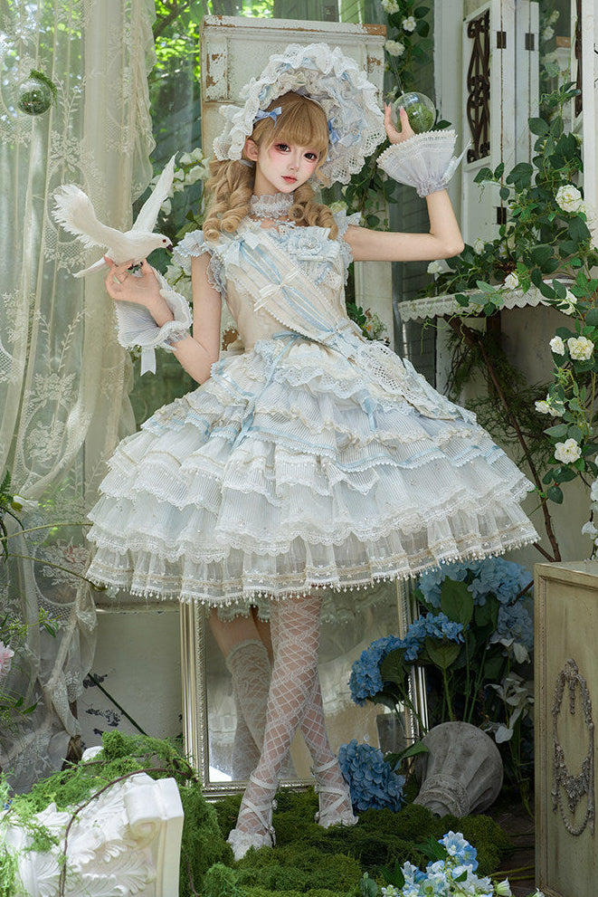 [Reservierungsschluss 1. August] Blau-weißes Sweet-Lolita-Stufenkleid-Set mit Blumenmuster