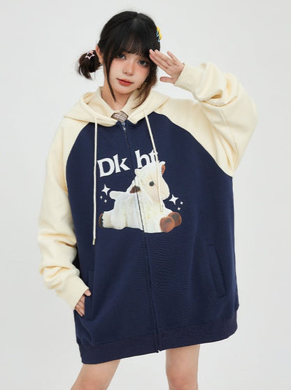 Retro Loose Contrast Raglan Zip-Up Hoodie