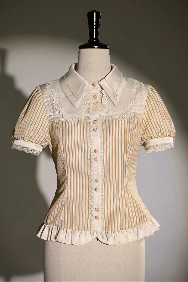 [Reservation Deadline: November 6] Beige Striped Short-Sleeve Lolita Shirt with Beautiful Embroidery and a Layered Lace Collar + Pair of Detachable Long Sleeves + Long-Sleeve Shirt (with Detachable Embroidered Collar)